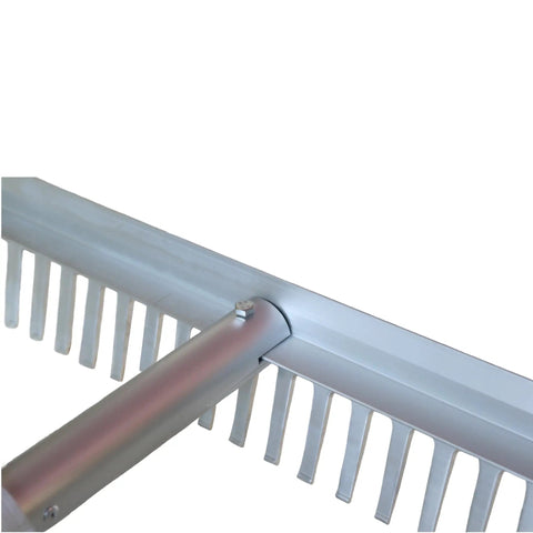 Close-up of all aluminum landscape rake with 66 inch handle and 36 inch wide head for lawn care, focusing on rustproof tines.