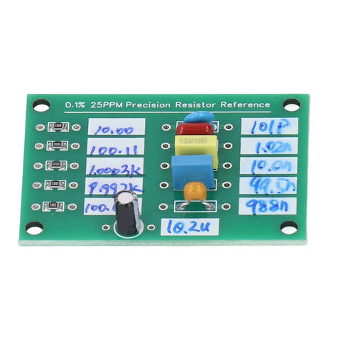 Calibration Reference Plate For Capacitance Testing And Multimeter Calibration, green PCB with labeled resistors and terminals