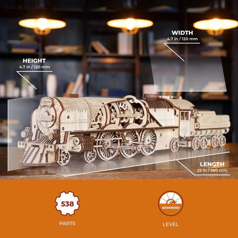 Steam Train 3D Wooden Puzzle Kit With Tender for Adults, Intricate Wooden Model Train Build, Dope Brain Teaser Engine Kit, Vintage Steam Engine Craft, Realistic Details, Challenging Yet Rewarding Project. Wooden steam train model, 22 in long, 538 parts