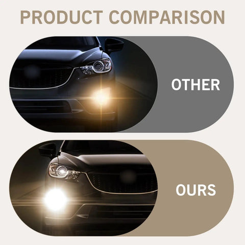 Comparison of car headlights: top dull and bottom bright with Fog Light Bulbs 12V 24W 3500K Warm White Ultra Bright Quartz Glass Shock Proof.