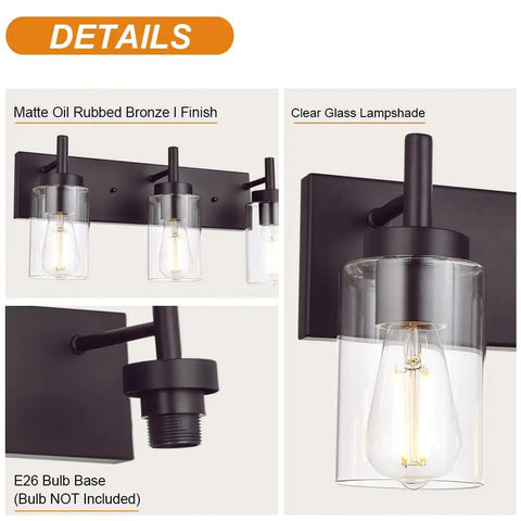 Oil Rubbed Bronze Three Light Vanity Fixture With Rustic Wall Sconces And Clear Glass Shades For Bathroom Hallway Porch Or Bedroom