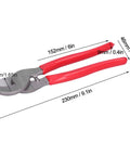Heavy Duty Cable Cutter For Copper And Aluminum Wires Under 70mm2 With High Carbon Steel Build, showing dimensions and red handle.