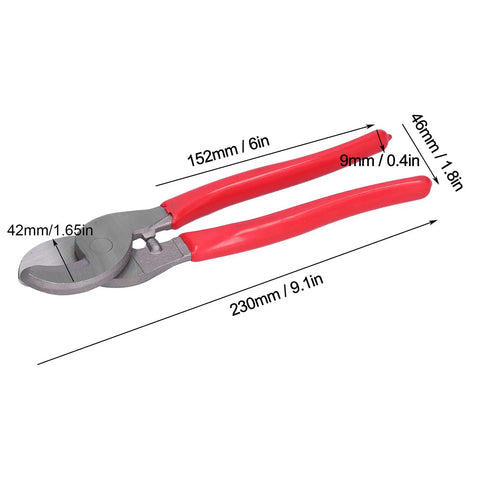Heavy Duty Cable Cutter For Copper And Aluminum Wires Under 70mm2 With High Carbon Steel Build, showing dimensions and red handle.