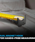 Rugged 25 Ft Tape Measure With Nylon Coated 1.25 Inch Blade, Dual Magnet Hook, Shockproof ABS Housing, magnetic hook in use