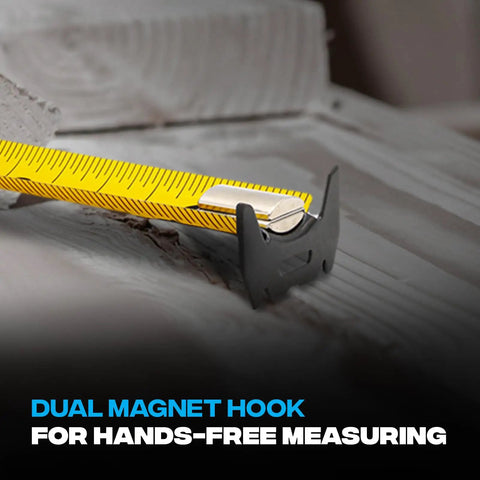 Rugged 25 Ft Tape Measure With Nylon Coated 1.25 Inch Blade, Dual Magnet Hook, Shockproof ABS Housing, magnetic hook in use