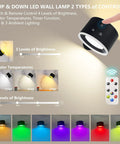 Up And Down LED Wall Sconce With Battery Power displaying color temperatures and brightness levels with touch and remote control options.