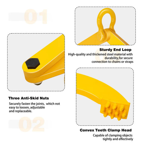 Detailed view of Pallet Puller 3T showing sturdy end loop, anti-skid nuts, and convex teeth clamp head for forklifts.