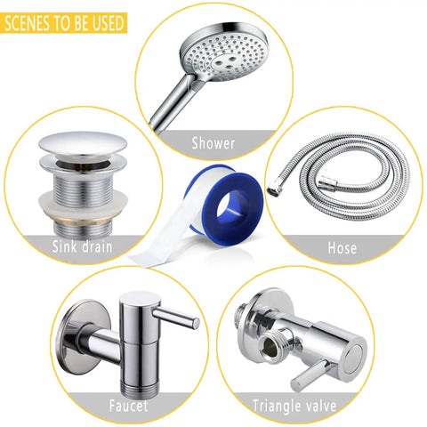 Four Rolls Of Three Quarter Inch White Teflon Tape For Plumbers PTFE Thread Sealant Pipe Sealing Shower Heads 520 Inches Per Roll Leak Proof Water And Gas Tight with plumbing fixtures.