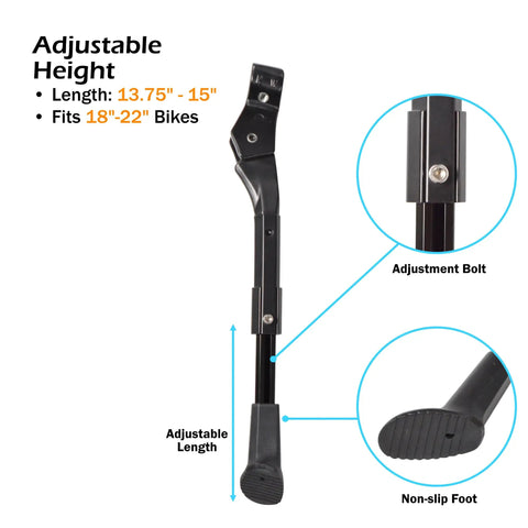 Center Mount Kid Bike Kickstand with adjustable length and non-slip foot for 18, 20, and 22-inch bikes, keeps ride upright.