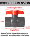 1/2 Inch SCH80 PVC Ball Valve 12 Pack Socket X Socket Shut Off For Irrigation And Pool Plumbing Gives You Total Flow Control With Smooth Quarter Turn Action dimensions with handle and height details.