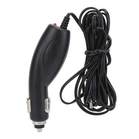 Black car charger with attached coiled cable for electronic devices