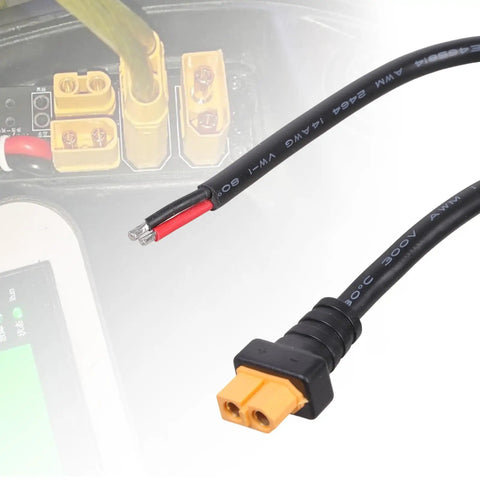XT60 Cable With 14AWG 2 Pin Female Connectors For Drones, Solar Panels And Power Stations, close-up on connectors.