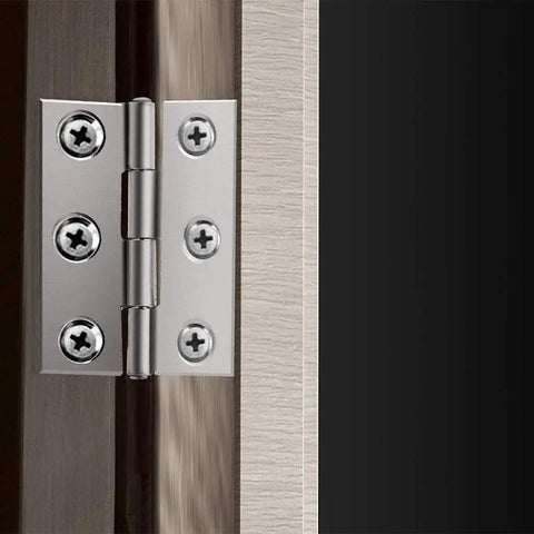 Close-up of metal mini hinge installed on wood, 20x17mm size, for dollhouse boxes, jewelry boxes, DIY repair, pack of 10.
