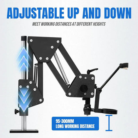 Adjustable Spring Arm Stand For Binocular Stereo Microscope MS01A With Heavy Duty Metal Base And Precise Positioning Fits 76mm Holders Supports 0.5X Barlow Lens And 56 LED Ring Light For Enhanced Imaging. adjustable arm stand with metal base and height arrows