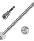 Close-up of 100 Pcs Size 10 By 2 Inch Self Tapping Wood Screws 410 Stainless Steel Hex Head with drill bit attachment for carpentry.