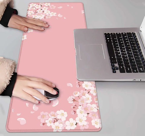 Pink Cherry Blossom Desk Pad 31.5 By 11.8 Inches With Non Slip Rubber Base Large Gaming Mouse Pad For Work And Play
