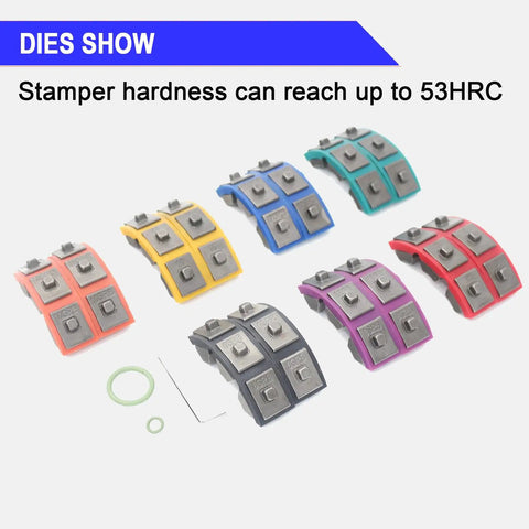 Seven die sets for Heavy Duty Hydraulic AC Crimping Tool Kit with color-coded barbed and beaded hose fittings.