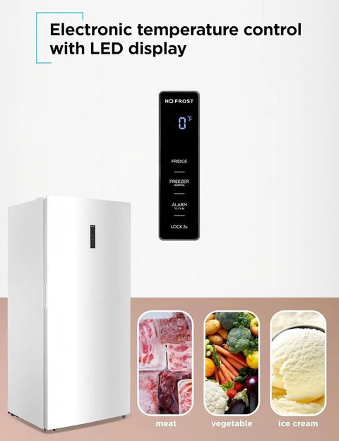 Bumper Fit 21 2 Cubic Foot Upright Freezer Fridge With Jacked Up Storage And Quick Chill Circulation ready for garage, featuring LED display.