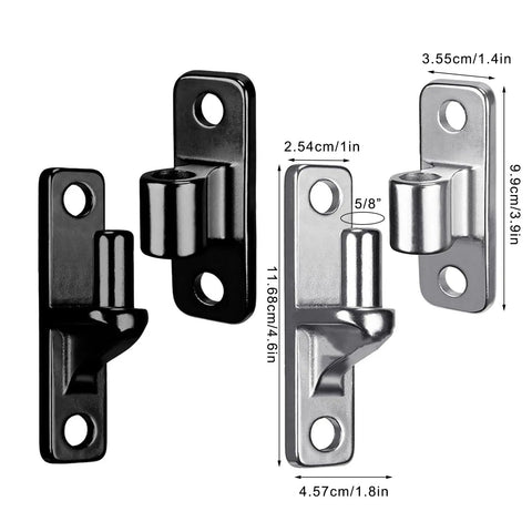 Top Shelf 304 Stainless Steel Gate Hinges Provide A No Sweat Install For Farm Gates Wooden Fences Barn Doors And Modern Yards Featuring Rust Proof Heavy Duty Outdoor Hardware, showing black and silver hinges with measurements.