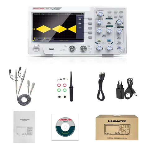 Dual Channel 110 MHz Digital Oscilloscope With 7 Inch TFT LCD Screen, Portable Pro Scope Kit, 500 MSps Per Channel, accessories included.
