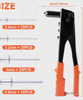 Beast Mode Heavy Duty 4-In-1 Rivet Gun Kit With 100 Rivets showing sizes 2.4mm to 4.8mm, product dimensions 9.5 inch high.