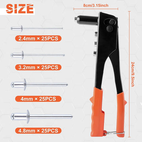 Beast Mode Heavy Duty 4-In-1 Rivet Gun Kit With 100 Rivets showing sizes 2.4mm to 4.8mm, product dimensions 9.5 inch high.