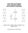 Diagram of Heavy Duty Galvanized Steel Bed Hinge For Murphy And Folding Beds, showing dimensions and square corner slots.