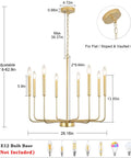 Gold 8 Light Modern Farmhouse Chandelier For Dining Room Kitchen Island Foyer And Living Room Rustic Industrial Candle Pendant Light Fixture With Cupless Candelabra Sockets, dimensions and installation details shown.