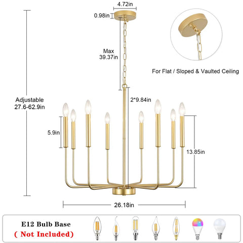 Gold 8 Light Modern Farmhouse Chandelier For Dining Room Kitchen Island Foyer And Living Room Rustic Industrial Candle Pendant Light Fixture With Cupless Candelabra Sockets, dimensions and installation details shown.