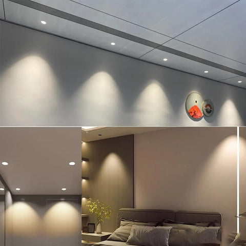 Ceiling view with Three Inch Gimbal LED Recessed Light With Dimmable Canless Design EZ Install 8W highlighting walls.
