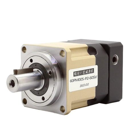 Precision Planetary Helical Gear Reducer Heavy Duty Industrial Speed Reducer Built Like A Tank with silver motor shaft and gold casing.