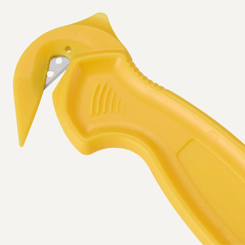 Close-up of Straight Up Film Safety Cutter With Recessed Stainless Steel Blade And Built In Tape Splitter For Snappy Box Cutting.