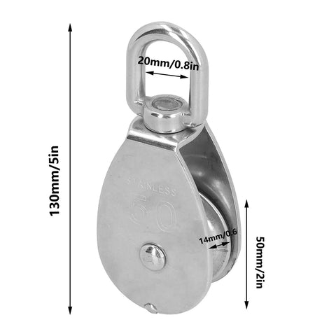 50mm 316 Stainless Steel Pulley Wheel Swivel Block for Marine Lifting, 360 Degree Rotating Single Wheel With Wire Rope Towing, Beefy Heavy Duty Mechanical Crane Pulley for Boats and Ships; 50mm size shown