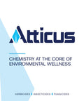 Atticus brand logo with text 'Chemistry at the Core of Environmental Wellness' highlighting herbicides, insecticides, fungicides