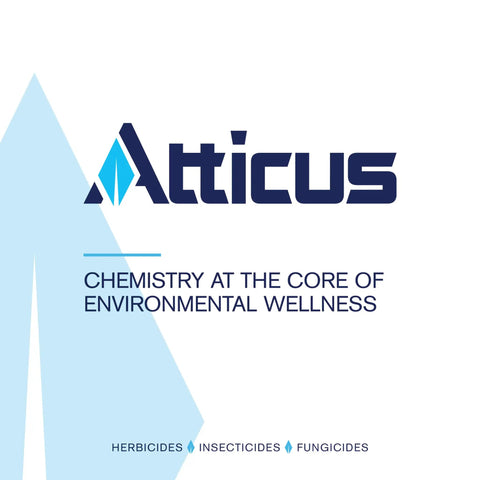 Atticus brand logo with text 'Chemistry at the Core of Environmental Wellness' highlighting herbicides, insecticides, fungicides