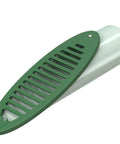 Green 4 Inch Angled Yard Drain Grate For Sump Pump Discharge And Downspout Extensions shown in angled side view.