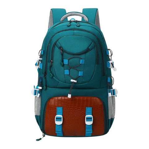 Front view of dark green Trail Ready Hiking Backpack Rucksack For Outdoor Adventures Mountaineering And Camping Pack Versatile Travel Bag