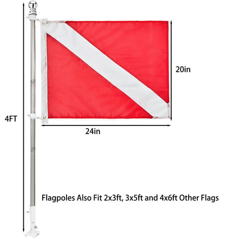 4 Ft Pro Grade Stainless Dive Flag Pole Kit With 1 Inch Tangle Free Pole, showing dimensions and regulation dive flag