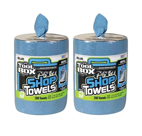Heavy Duty Blue Shop Towels Center Pull Refill For Big Grip Bucket Two Pack stacked, showing durable 200 towels per roll.