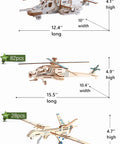 Image of Six Piece Aircraft And Helicopter Wood Puzzle Set For STEM DIY Fans, showing sizes and measurements of wooden models