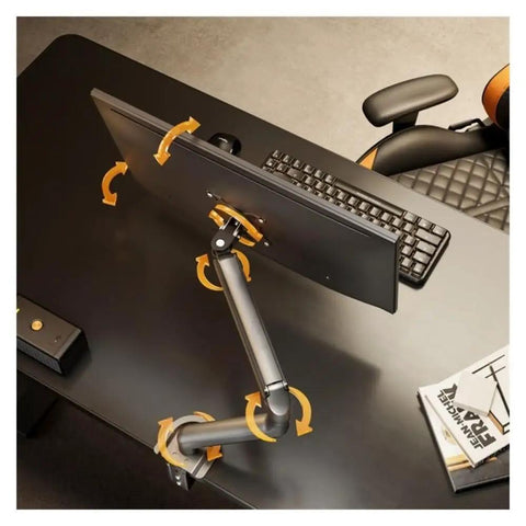 Fully Adjustable Single Monitor Mount For Desk Featuring Mechanical Spring Arm With Super Smooth Tilt And Rock Solid Bracket Design Supporting 17 To 32 Inch Screens Up To Twenty Pounds Easy Install, showing adjustable arm movement.