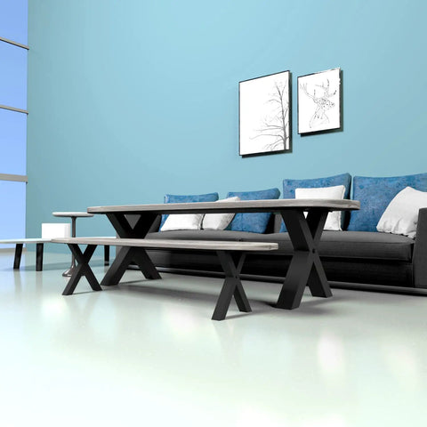 Living room with Beefy Heavy Duty 28 Inch Black Metal Table Legs Set Of 2 X Frame Design, supporting a long table, by a sofa