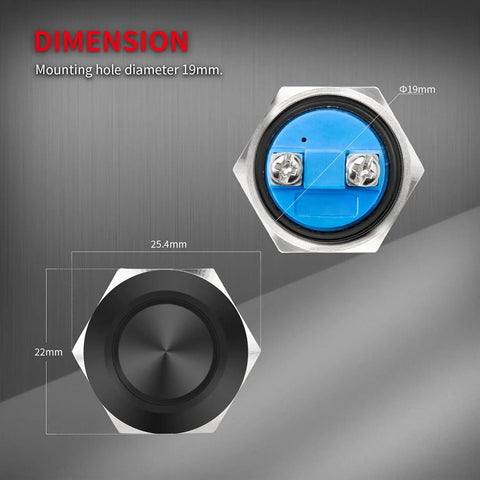 Dimensions of the 12V 19mm Momentary Horn Push Button Switch Waterproof Round Power Button for RV Truck Boat Marine