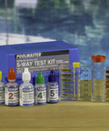Five Way Pool And Spa Test Kit Featuring Dead On Accuracy For Chlorine Bromine Ph Alkalinity And Acid Demand Inside A Tough Travel Case with color-coded solutions.