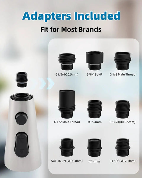 Adapters included for Premium Stainless Steel Faucet Head Replacement With Three Spray Modes And Brushed Nickel Finish.