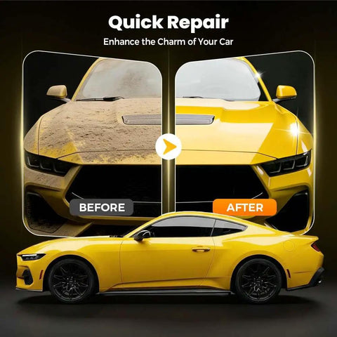 Before and after comparison of a yellow car showing windshield results using DIY Windshield Crack Repair Kit For All Crack Types With Repair Liquid Fix Chips And Small Cracks Before They Spread Glass Repair Kit For Car Windows Mirrors And Glass Surfaces Two Sets Included.