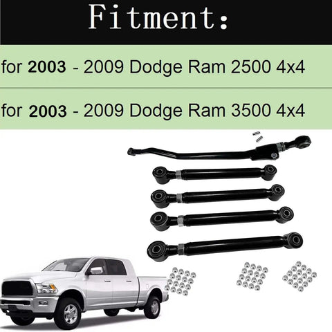 Adjustable Front Control Arms 1-6 Inch Lift Kit For 2003-2009 Dodge Ram 2500 3500 4WD With 0-3 Inch Track Bar Lift Beefy Heavy Duty Upper And Lower Arms Panhard Bar Off-Road Ready Suspension Upgrade, black steel arms shown for 2003-2009 Dodge Ram 4x4
