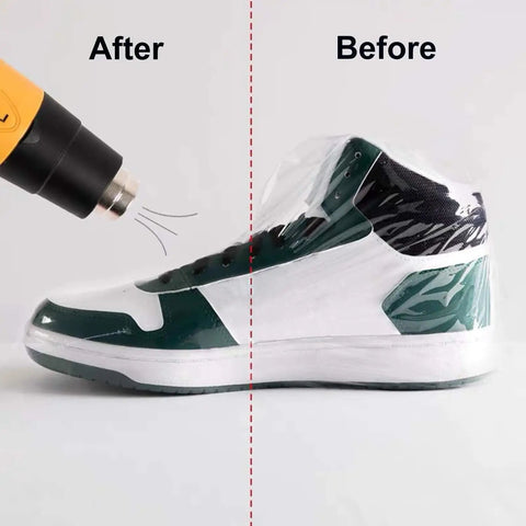 Hype Clear Shoe Shrink Wrap Bags 11X18 Inch Thick PVC sneaker packaging film sealing process showing before and after application.