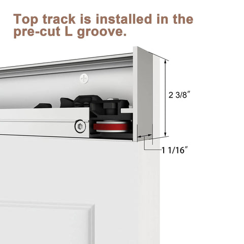 Top view of the Premium 36X84 Inch 5 Panel Concealed Sliding Barn Door showing smooth glide track installation details.