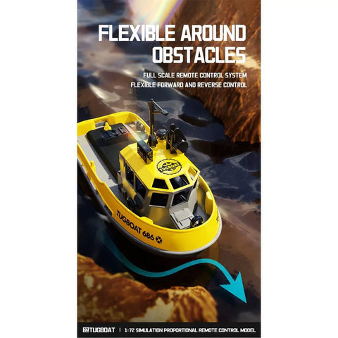 One Seventy Two Scale Proportional RC Tugboat for Pools and Lakes navigating rocky waters in yellow, showcasing its flexibility.